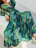 Inrosy robe longue mousseline imprimée tropicale feuille fluide manches longues mode boho