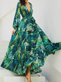 Inrosy robe longue mousseline imprimée tropicale feuille fluide manches longues mode boho