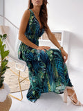 Inrosy robe longue imprimé tropicale feuille ceinture v-cou sans manches bohème plage