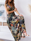 Inrosy robe longue imprimé tropicale feuille ceinture v-cou sans manches bohème plage