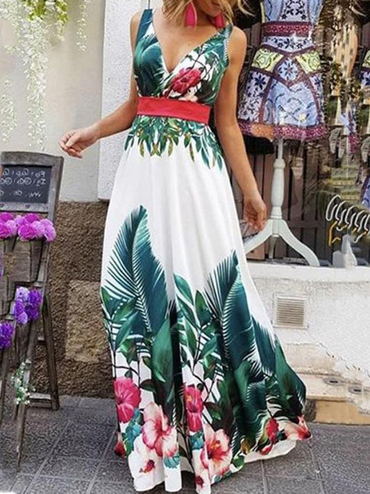 Inrosy robe longue imprimé tropicale feuille v-cou sans manches élégant boho femme blanche et vert