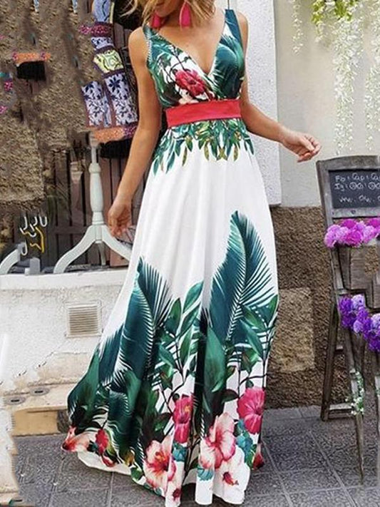 Inrosy robe longue imprimé tropicale feuille v-cou sans manches élégant boho femme blanche et vert