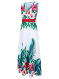 Inrosy robe longue imprimé tropicale feuille v-cou sans manches élégant boho femme blanche et vert