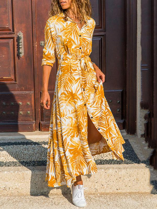 Inrosy robe longue imprimé tropicale feuille fendu boutonnage ceinture manches au coude casual blouse