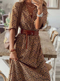 Inrosy longue robe longue imprimé motif ceinture v-cou manches courtes boho vintage blouse