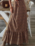 Inrosy longue robe longue imprimé motif ceinture v-cou manches courtes boho vintage blouse