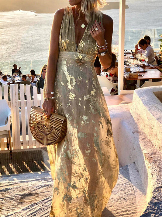Inrosy robe longue bronzage brillante paillette v-cou sans manches élégant femme de soirée plage