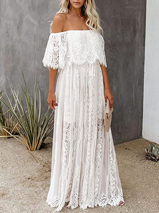 Inrosy robe longue en dentelle à volantée col bateau sans manches casual femme bohème de plage