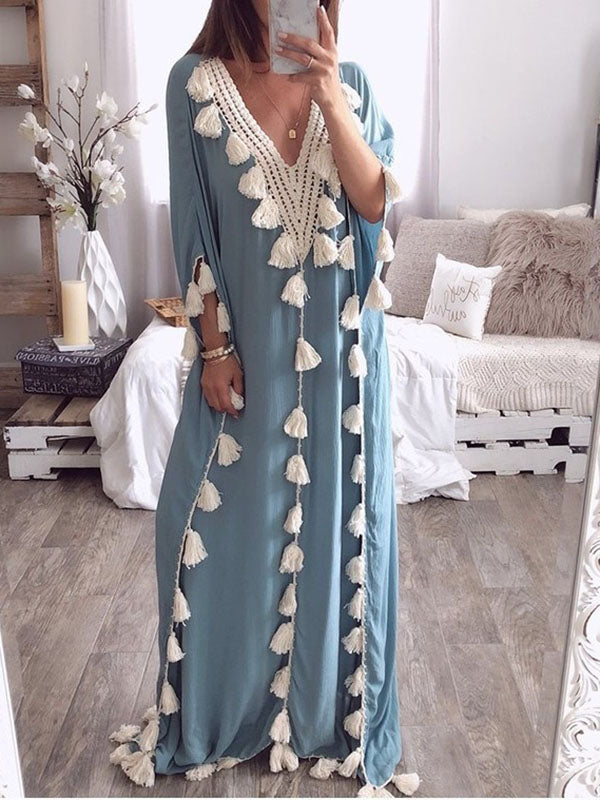 Inrosy robe longue dentelle fluide frange v-cou manches longues femme ethnique ample décontracté