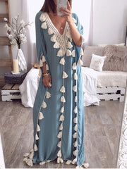 Inrosy robe longue dentelle fluide frange v-cou manches longues femme ethnique ample décontracté