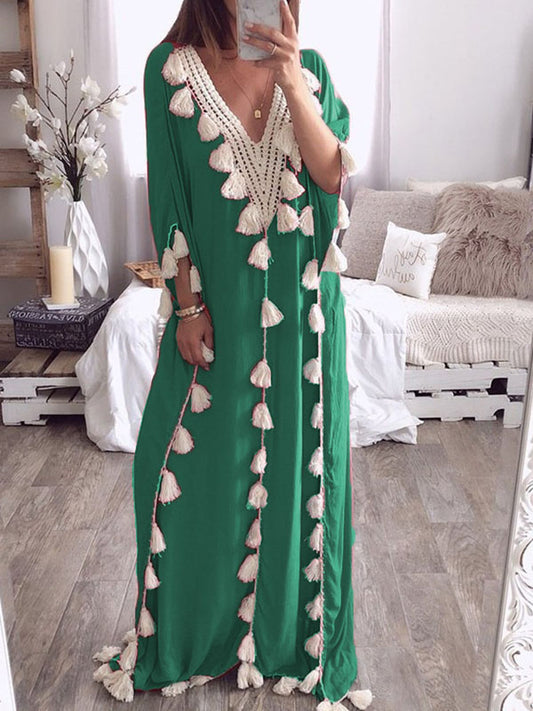 Inrosy robe longue dentelle fluide frange v-cou manches longues femme ethnique ample décontracté