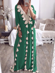 Inrosy robe longue dentelle fluide frange v-cou manches longues femme ethnique ample décontracté
