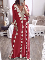 Inrosy robe longue dentelle fluide frange v-cou manches longues femme ethnique ample décontracté