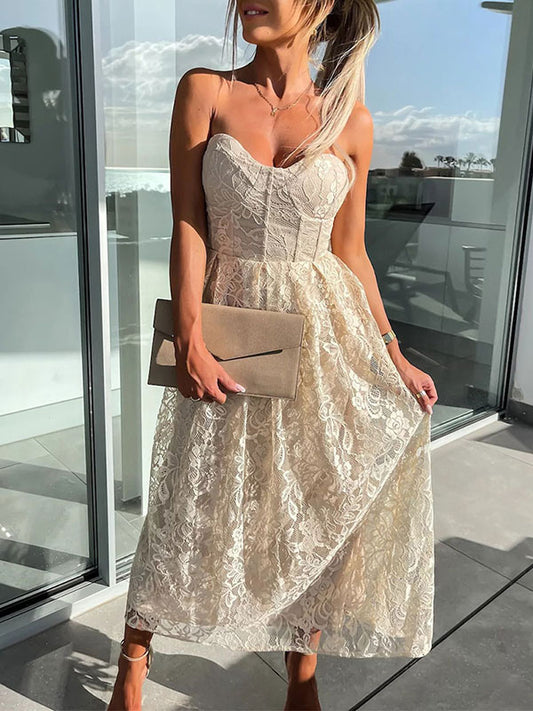 Inrosy robe longue trapèze dentelle fluide bustier dos nu col bateau sans manches femme décontracté cocktail
