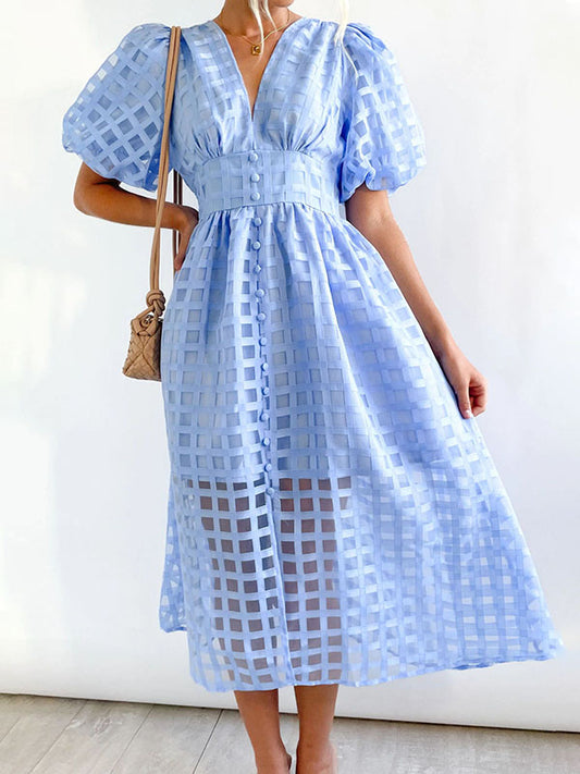 Inrosy mi-longue robe trapèze carreaux fendu fluide boutonnage v-cou manches courtes élégant femme décontracté