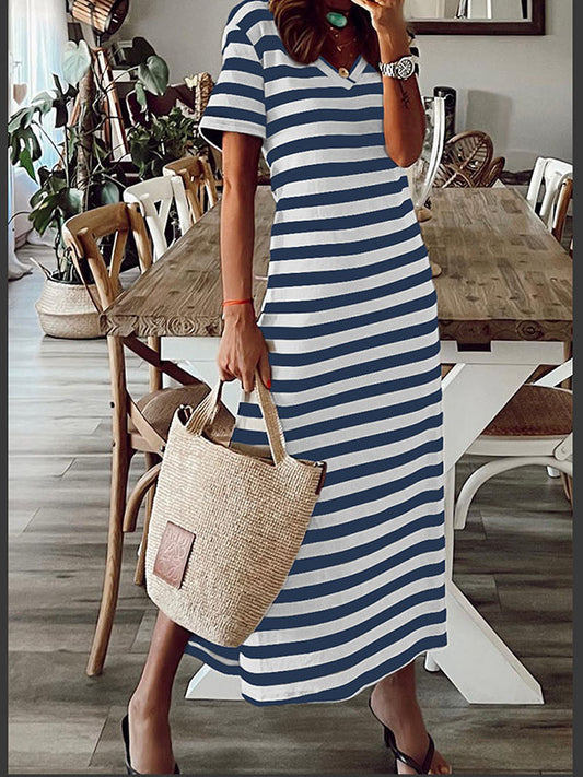 Inrosy mi-longue robe rayé fendu v-cou manches courtes doux mode décontracté
