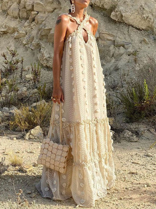 Inrosy robe longue découpes trapèze fleurie cross à volantée appliques licou sans manches mode de soirée plage