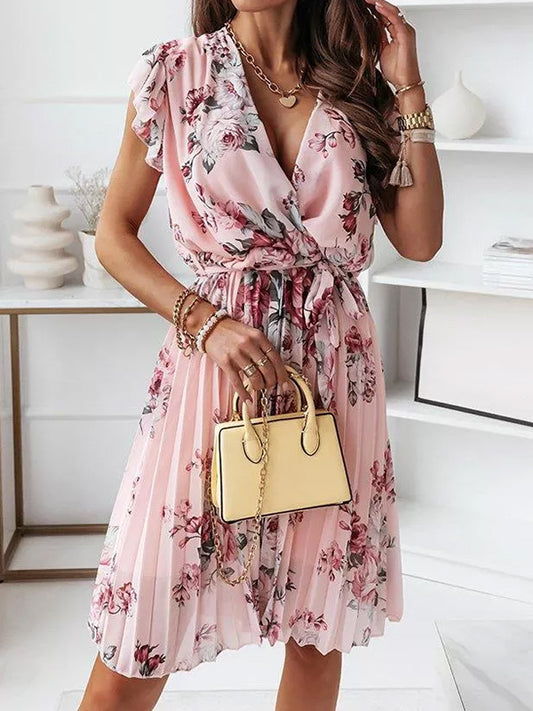 Inrosy mi-longue robe fleurie plissé ceinture v-cou chic boho de plage