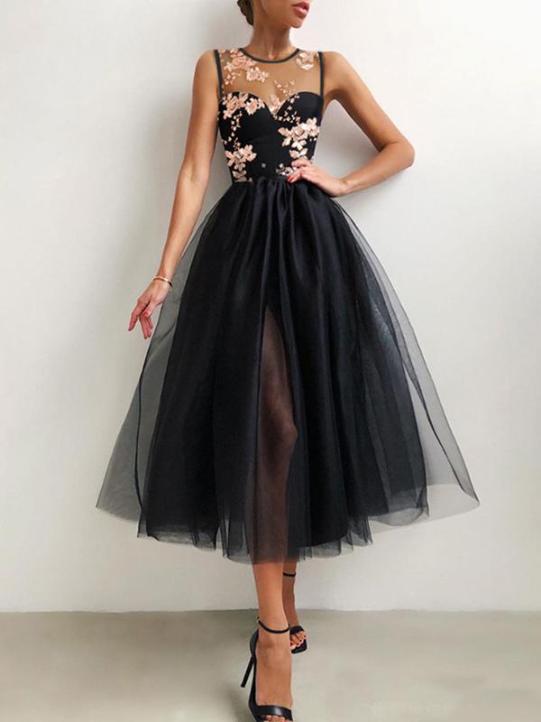 Inrosy mi-longue robe brillante paillette tulle col rond élégant de cocktail noir