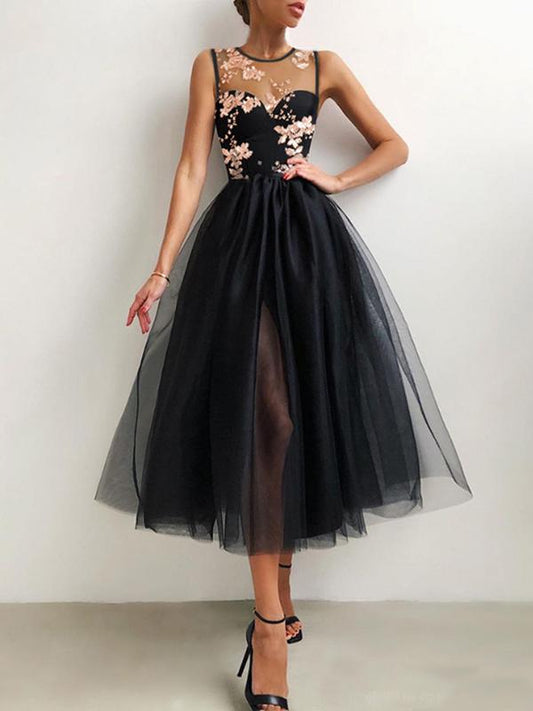 Inrosy mi-longue robe brillante paillette tulle col rond élégant de cocktail noir