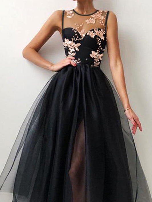 Inrosy mi-longue robe brillante paillette tulle col rond élégant de cocktail noir