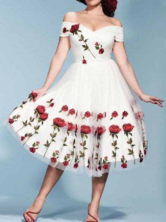 Inrosy mi-longue robe fleurie tulle brodée col bateau doux élégant cocktail