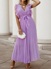 Inrosy mi-longue robe mousseline à volantée plissé ceinture v-cou sans manches bohème femme casual
