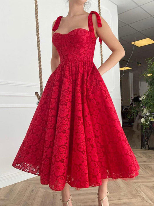 Inrosy mi-longue robe trapèze dentelle noeud papillon bustier bretelle sans manches femme élégant de cocktail