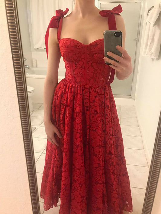 Inrosy mi-longue robe trapèze dentelle noeud papillon bustier bretelle sans manches femme élégant de cocktail