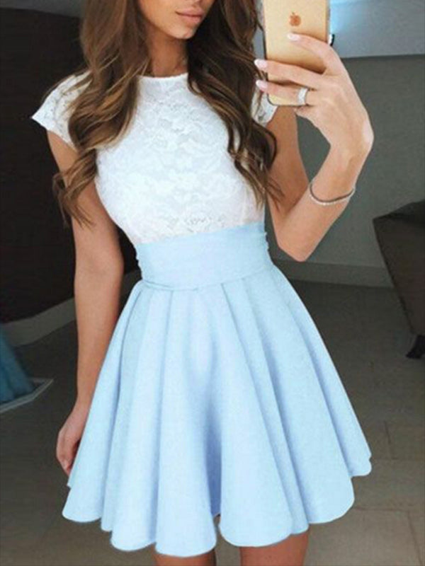 Inrosy courte robe dentelle trapèze fluide col rond sans manches de cocktail