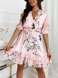 Inrosy mini robe trapèze imprimé à fleurie à volantée ceinture v-cou manches au coude femme casual mignon