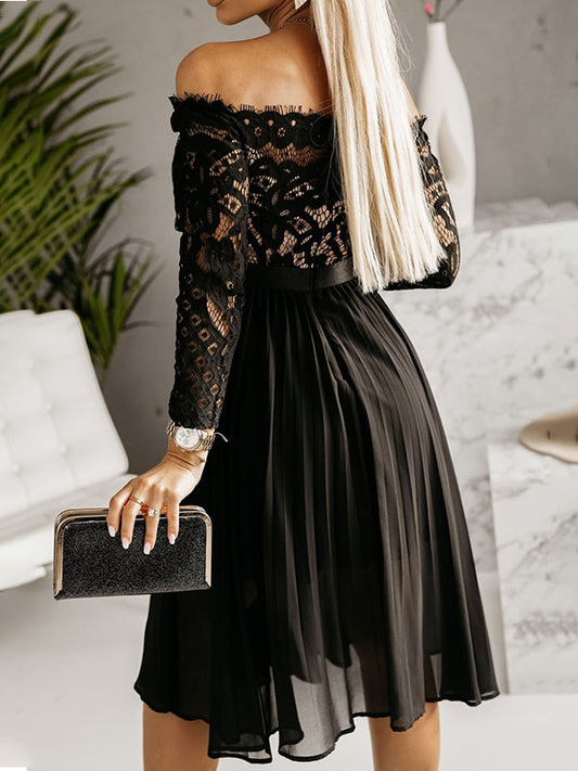 Inrosy mini robe trapèze dentelle plissé col bateau manches longues élégant femme décontracté cocktail