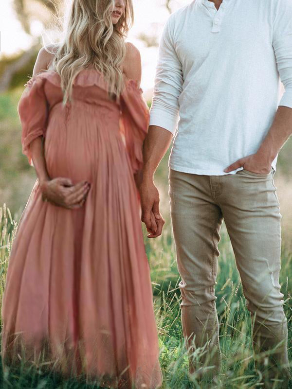 Inrosy robe de grossesse longue à volantée col bateau manches courtes femme élégant enceinte shooting