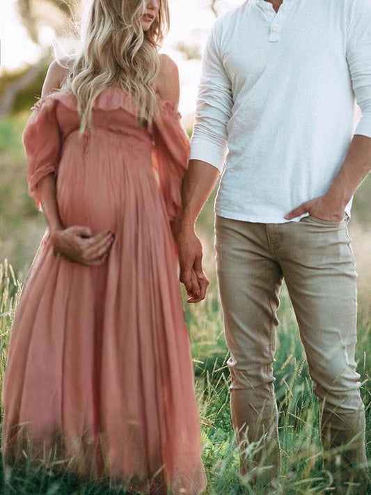 Inrosy robe de grossesse longue à volantée col bateau manches courtes femme élégant enceinte shooting