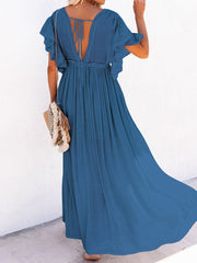 Inrosy robe longue à volantée fluide boutonnage coulisse taille v-cou casual
