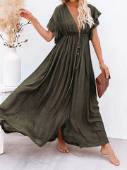 Inrosy robe longue à volantée fluide boutonnage coulisse taille v-cou casual