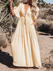 Inrosy robe longue à volantée fluide boutonnage coulisse taille v-cou casual
