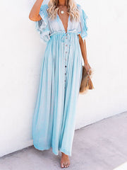 Inrosy robe longue à volantée fluide boutonnage coulisse taille v-cou casual