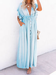 Inrosy robe longue à volantée fluide boutonnage coulisse taille v-cou casual