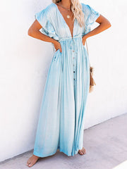 Inrosy robe longue à volantée fluide boutonnage coulisse taille v-cou casual