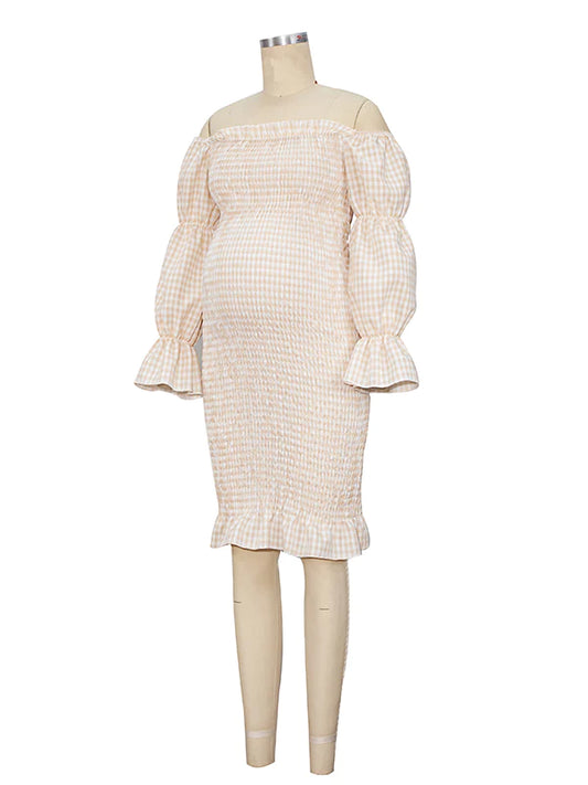 Inrosy robe de grossesse moulante carreaux à volantée col bateau femme doux élégant enceinte rose