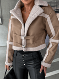 Inrosy court manteau aviateur simili cuir polaire chunky buckle col revers femme style boyfriend décontracté perfecto veste