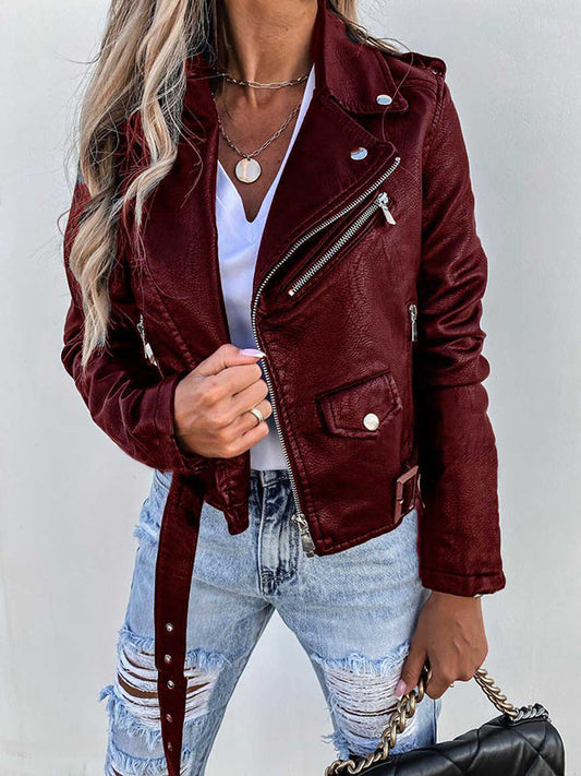 Inrosy court perfecto femme simili cuir fermeture éclair avec poches ceinture col revers veste motard