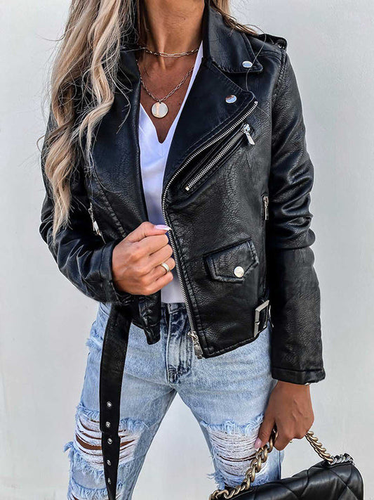 Inrosy court perfecto femme simili cuir fermeture éclair avec poches ceinture col revers veste motard