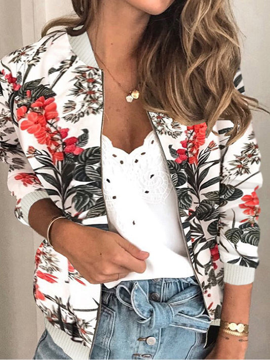 Inrosy bombers imprimé à fleurie fermeture éclair manches longues femme décontracté veste
