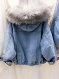 Inrosy vestes en jean belly fausse fourrure doublé polaire capuche chic femme manteau bleu