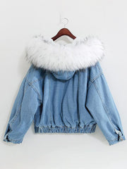 Inrosy vestes en jean belly fausse fourrure doublé polaire capuche chic femme manteau bleu
