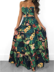 Inrosy robe longue imprimé tropicale feuille 2 pièces bustier nœud décontracté hawaienne de plage