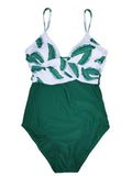 Inrosy maillot de bain imprimé tropicale feuille dos nu v-cou licou une pièce femme bohème vert et blanche