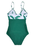 Inrosy maillot de bain imprimé tropicale feuille dos nu v-cou licou une pièce femme bohème vert et blanche
